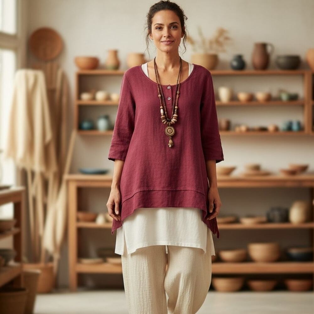 Simply Noelle Henley Top Womens S/M Lagenlook Boho Solid Tiered 3/4 Sleeve Linen